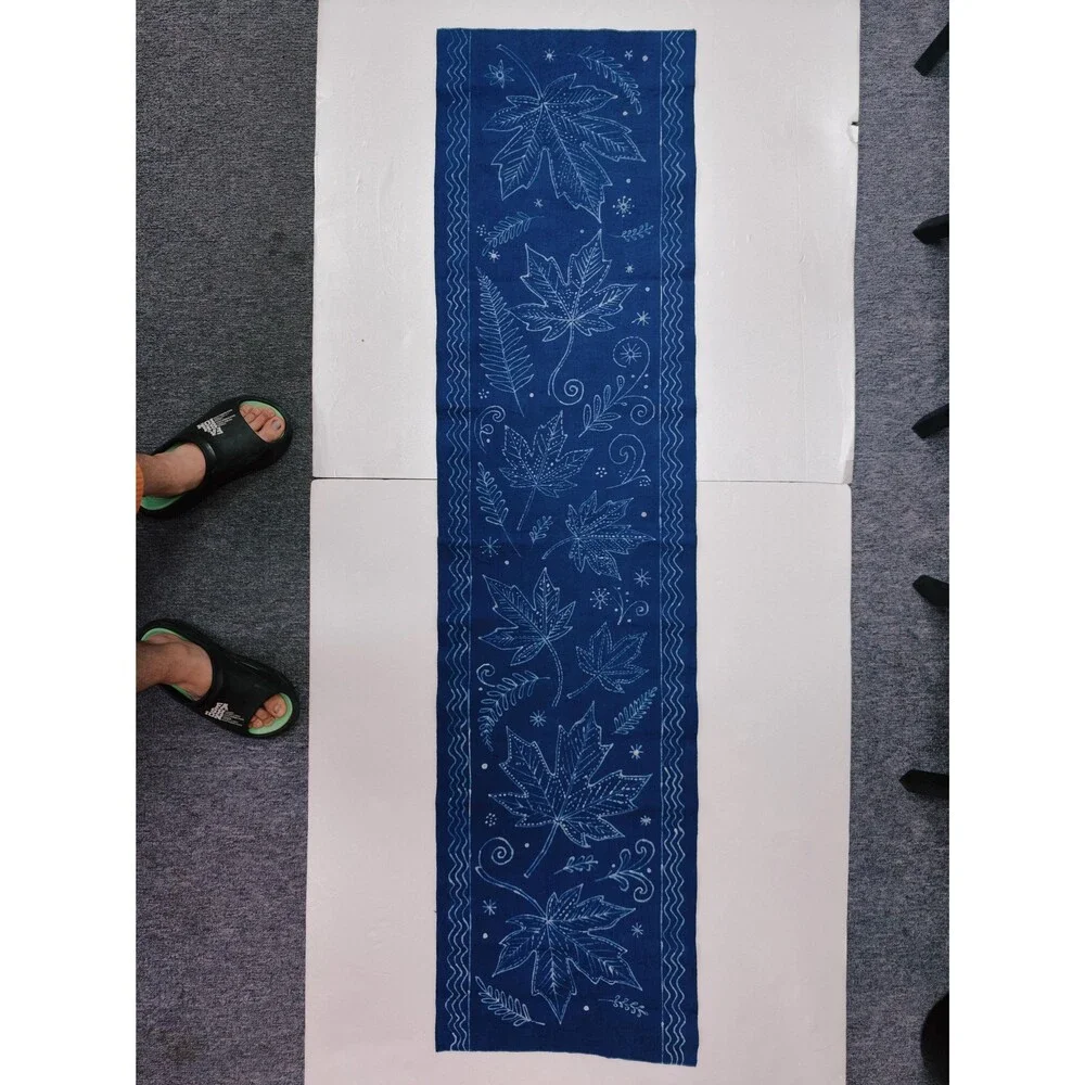 Handmade Indigo Batik Maple Leaf Table Runner, Natural Indigo Cotton Tea Mat